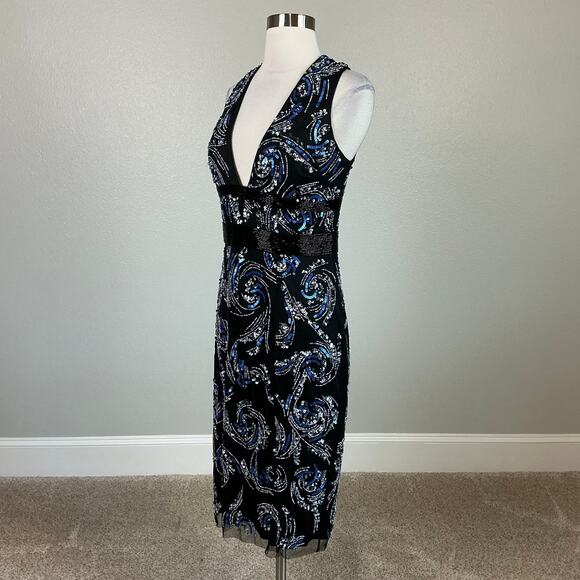 Aidan Mattox Beaded Deep V-Neck Midi Sheath Sparkly Cocktail Dress Black Size 10 - Picture 4 of 13